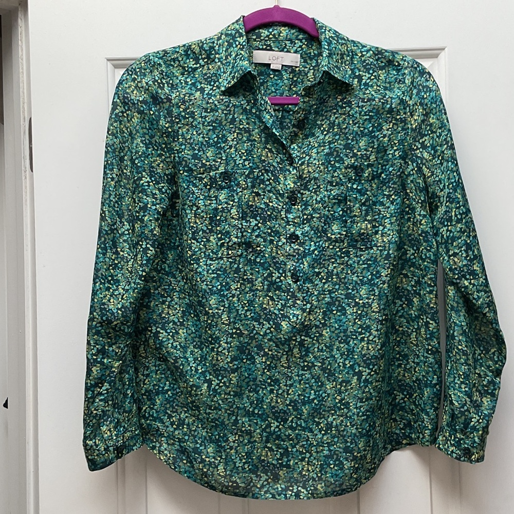 LOFT Teal Floral Long Sleeve Blouse